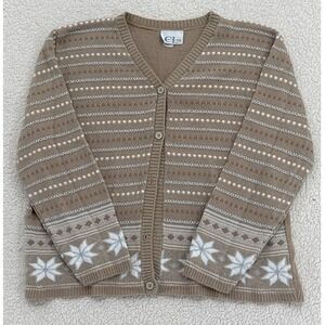 CRICKET LANE Cardigan Sweater Women Size Large Tan Snowflake Fair Isle Knit